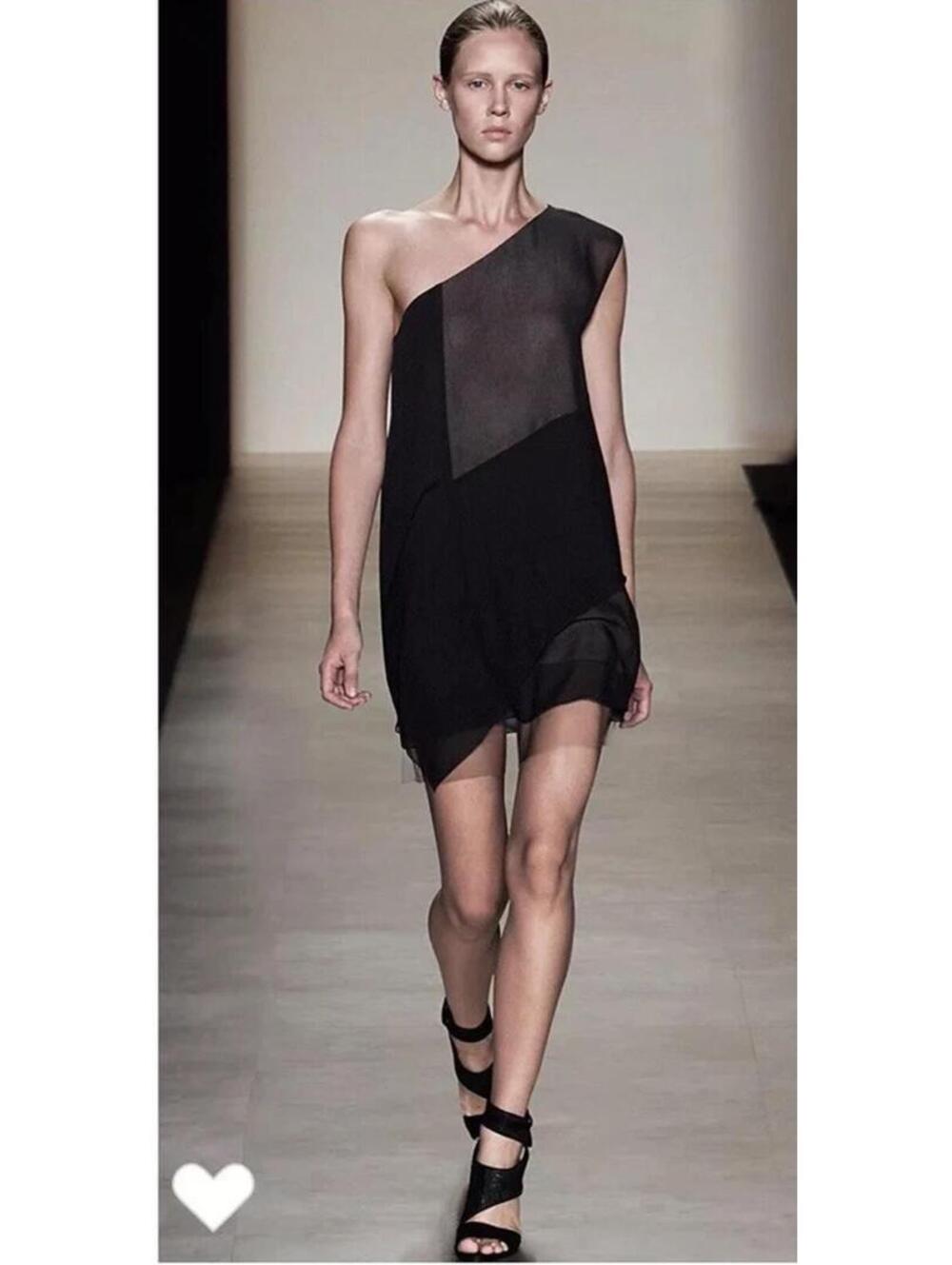 BCBGMAXAZRIA Runway Marike One Shoulder Silk Chiffon Layered Black Dress size S